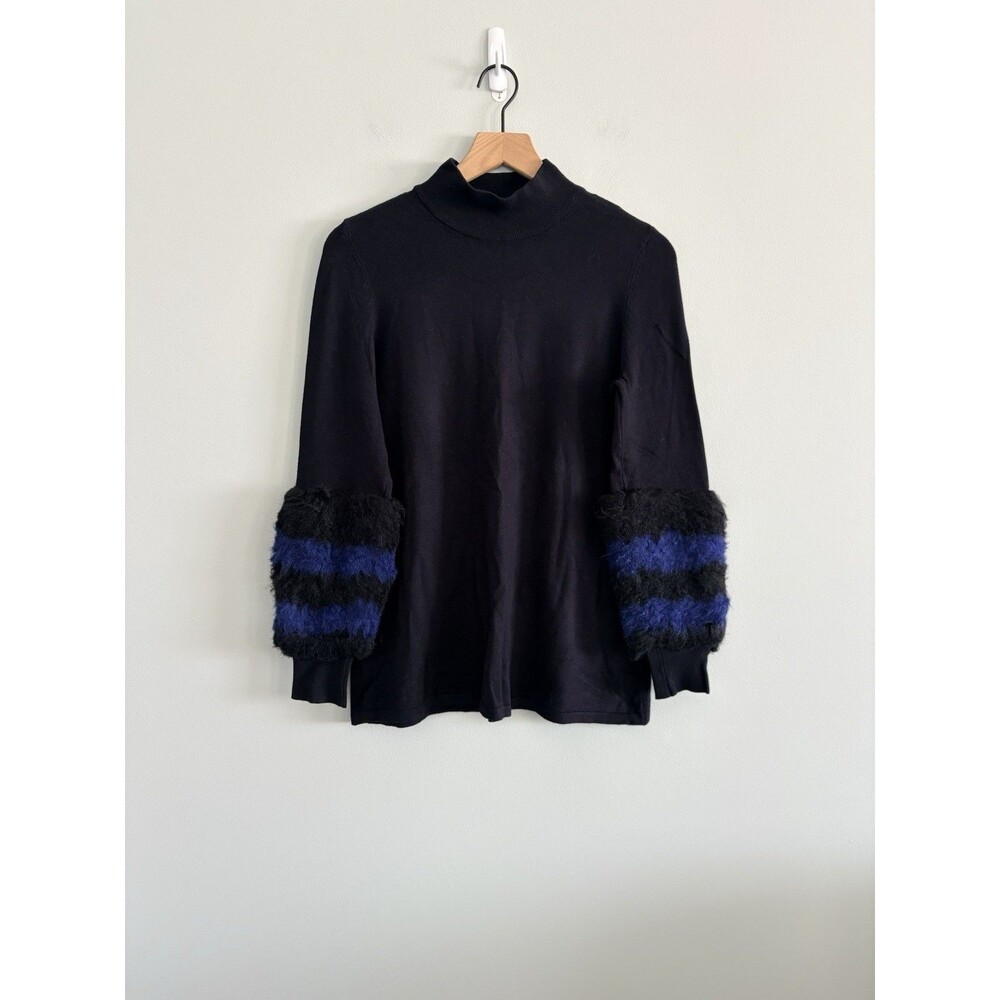 Alfani Sweater Faux Fur Cuff Womens Small Pullover Mock Turtleneck Black